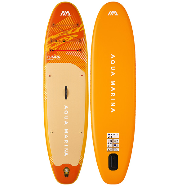 Aqua Marina Fusion 2026 SUP Board in Orange, Vorder- und Rückansicht; robustes Drop-Stitch-Material und EVA-Deckpad für Stabilität und Komfort