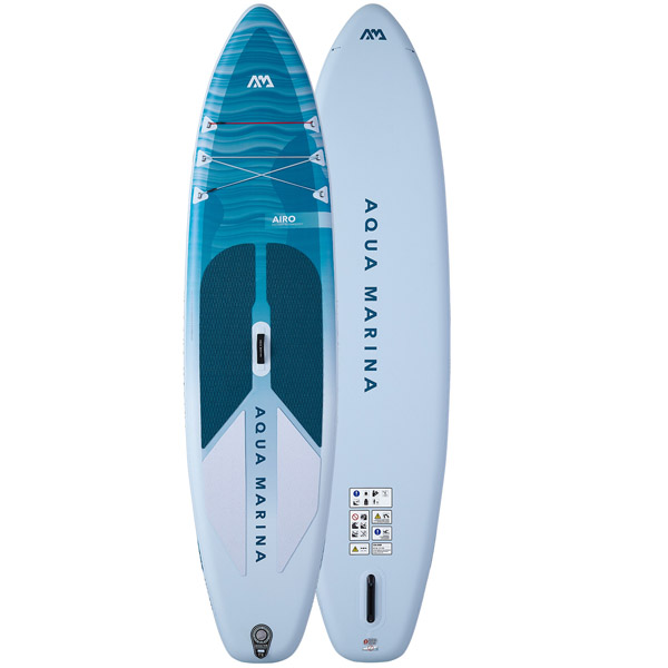 Aqua Marina Airo SUP Board in Blau, Vorder- und Rückansicht; robustes Drop-Stitch-Material und EVA-Deckpad für Stabilität und Komfort