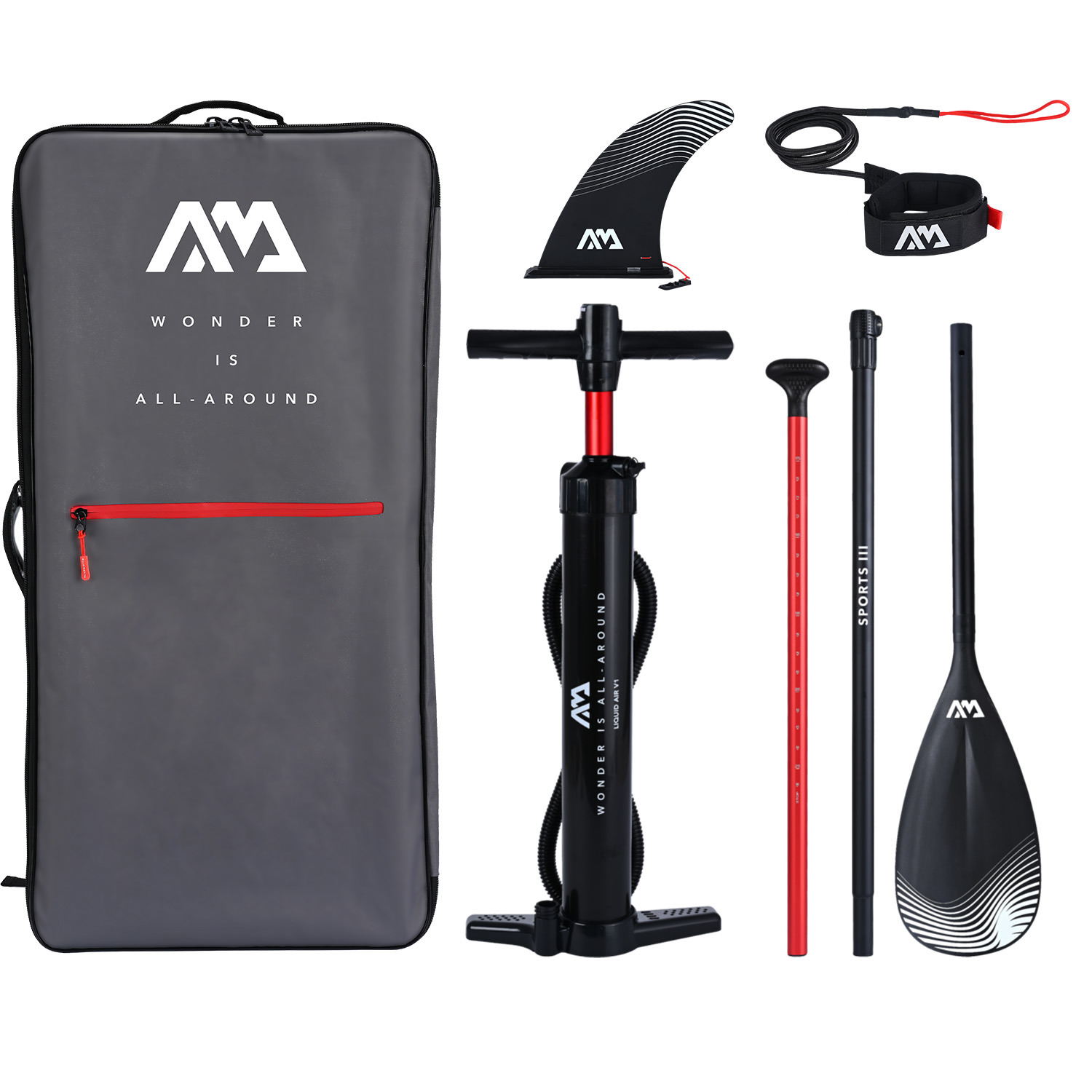 Aqua Marina Allround Zubehörset mit grauem Rucksack, Doppelhubpumpe, schwarzem Paddel, Steckfinne und Leash; kompletter Lieferumfang für Allround-SUPs