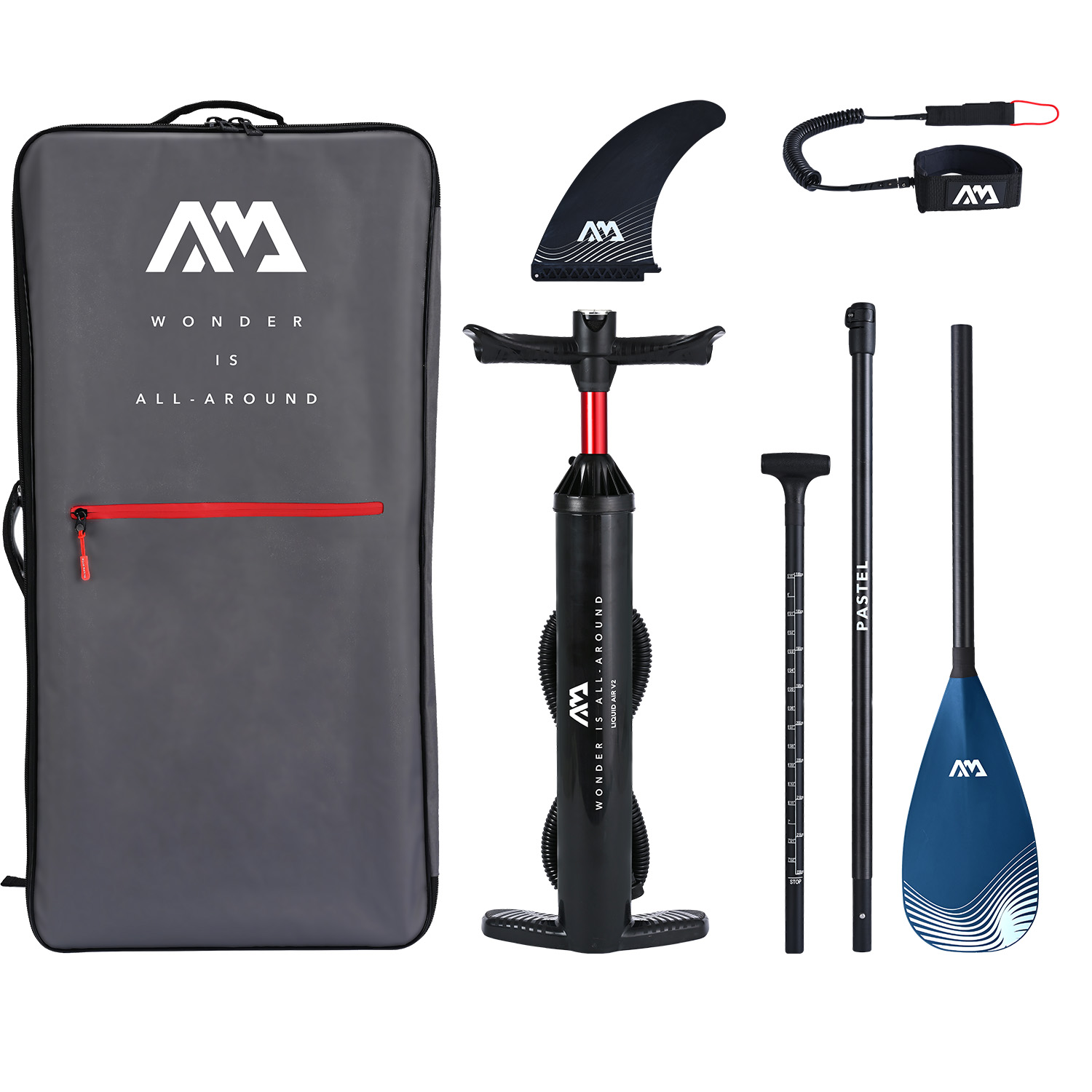 Aqua Marina Allround Advanced SUP Set mit blauem Paddel, grauem Rucksack, Finne, Leash und Doppelhubpumpe; für Touring und Fitness