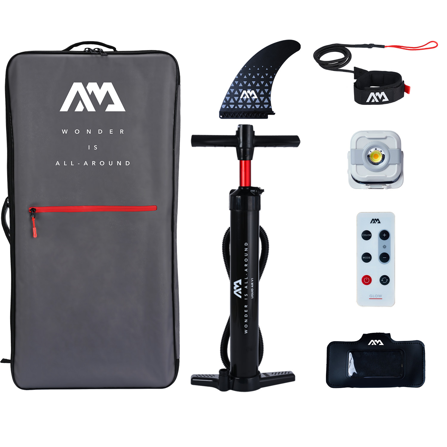 Aqua Marina Glow SUP Set mit , grauem Rucksack, Finne, Leash und Doppelhubpumpe; modernes Design für Fitness und Freizeit