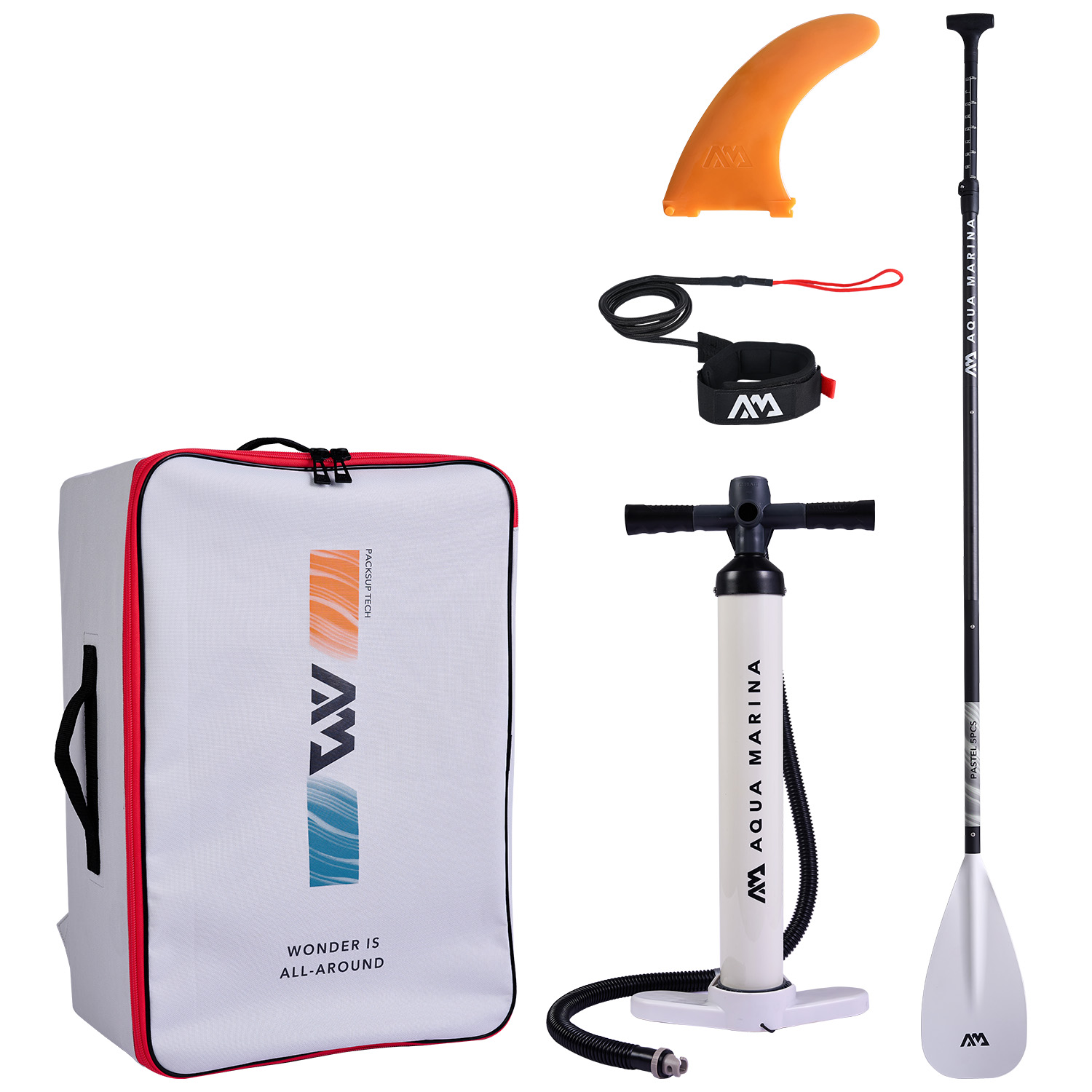 Aqua Marina Halo SUP Set mit weißem Paddel, orangefarbener Finne, Doppelhubpumpe, Leash und weißem Rucksack; Komplettpaket für Touring und Freizeit